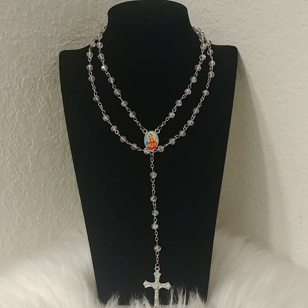 Pink Crystal Rosary Bead Necklace
